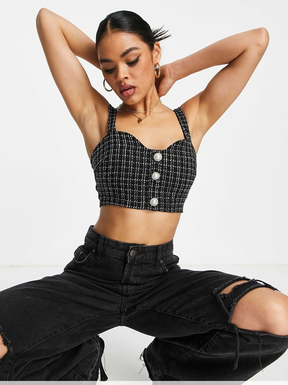 Missguided + Black Tweed Cropped Bustier Top with Pearl Buttons
